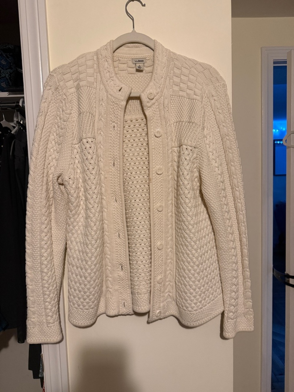 L.L. Bean Women's Cream Cable-Knit Button Cardigan